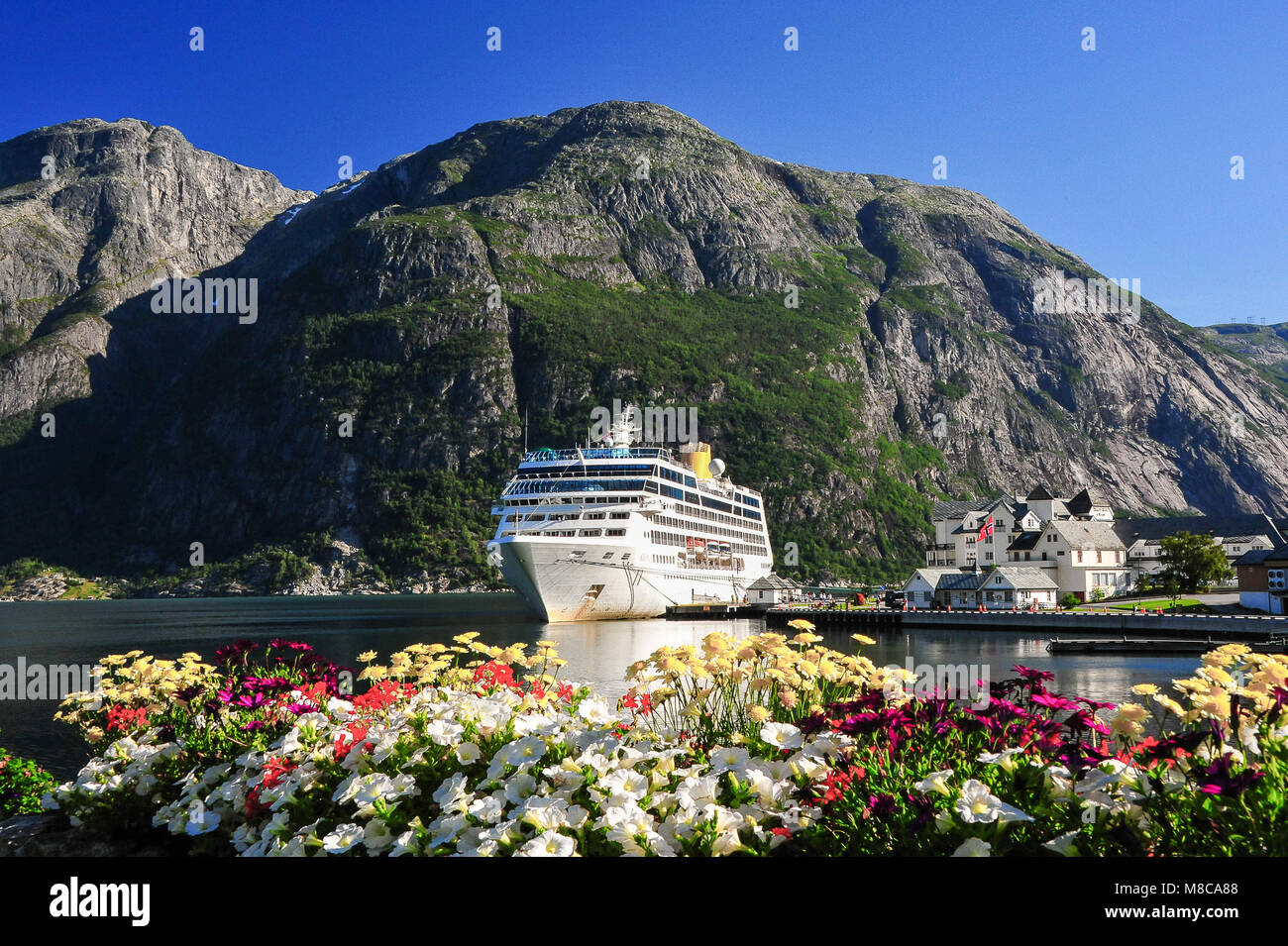 Crociera all'ancoraggio, Eidfjord village, Norvegia. Pittoresca scena, chiaro, acque calme e boscoso versante, il cielo blu e grazioso bed di fiori Foto Stock