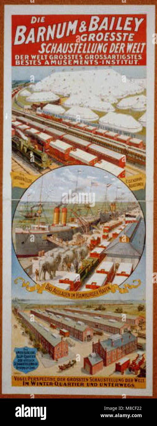 Una vista dall'alto del Barnum & Bailey Circus, il più grande spettacolo al mondo. Questa immagine cattura la vasta scala del circo, mostrando le tende, il pubblico e le attrazioni da un alto punto panoramico. Foto Stock