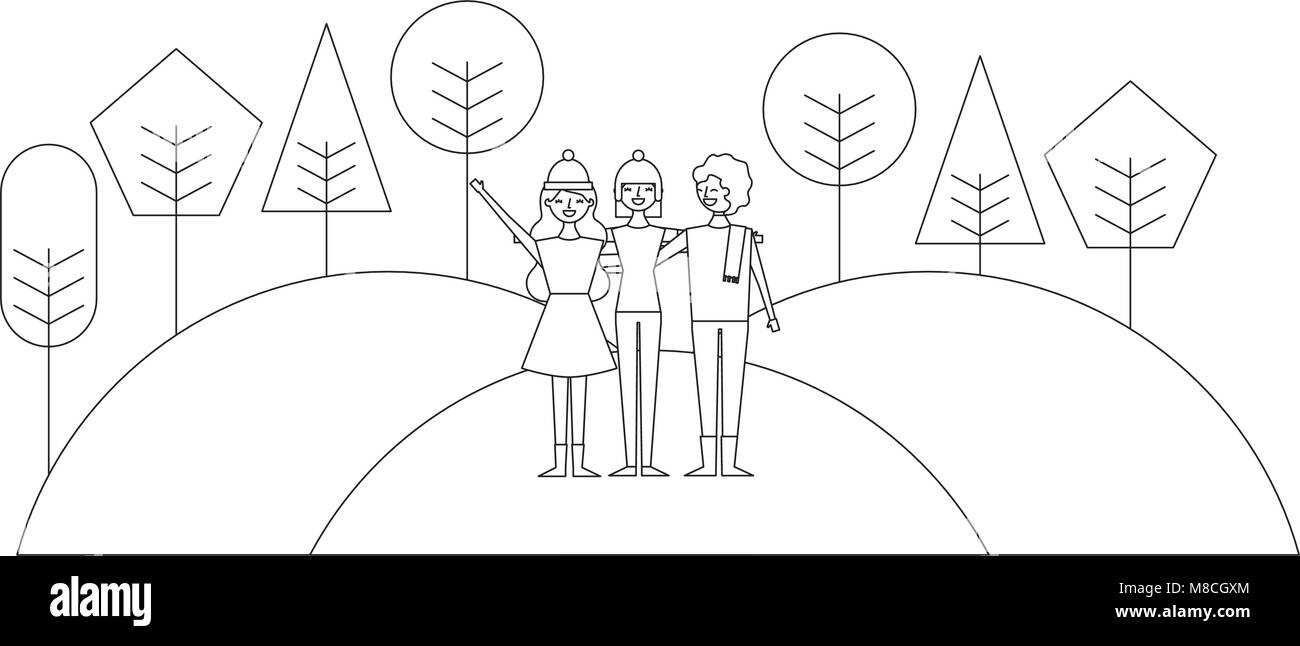 Gli amici di persone in piedi in colline di alberi naturali paesaggio illustrazione vettoriale di una linea sottile Illustrazione Vettoriale