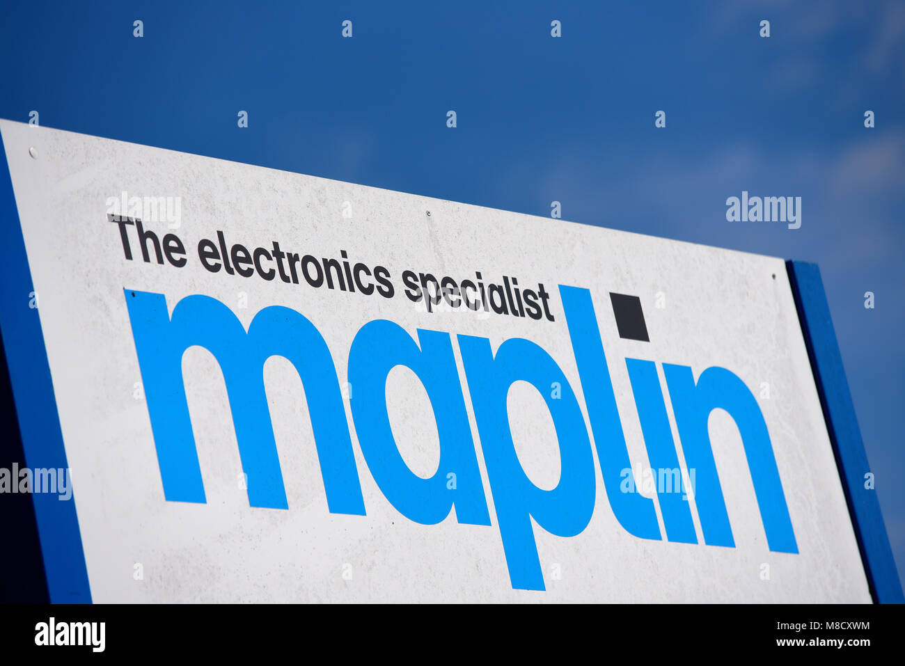 Maplin, il negozio specializzato in elettronica, nell'amministrazione. Firma. Marchio Foto Stock