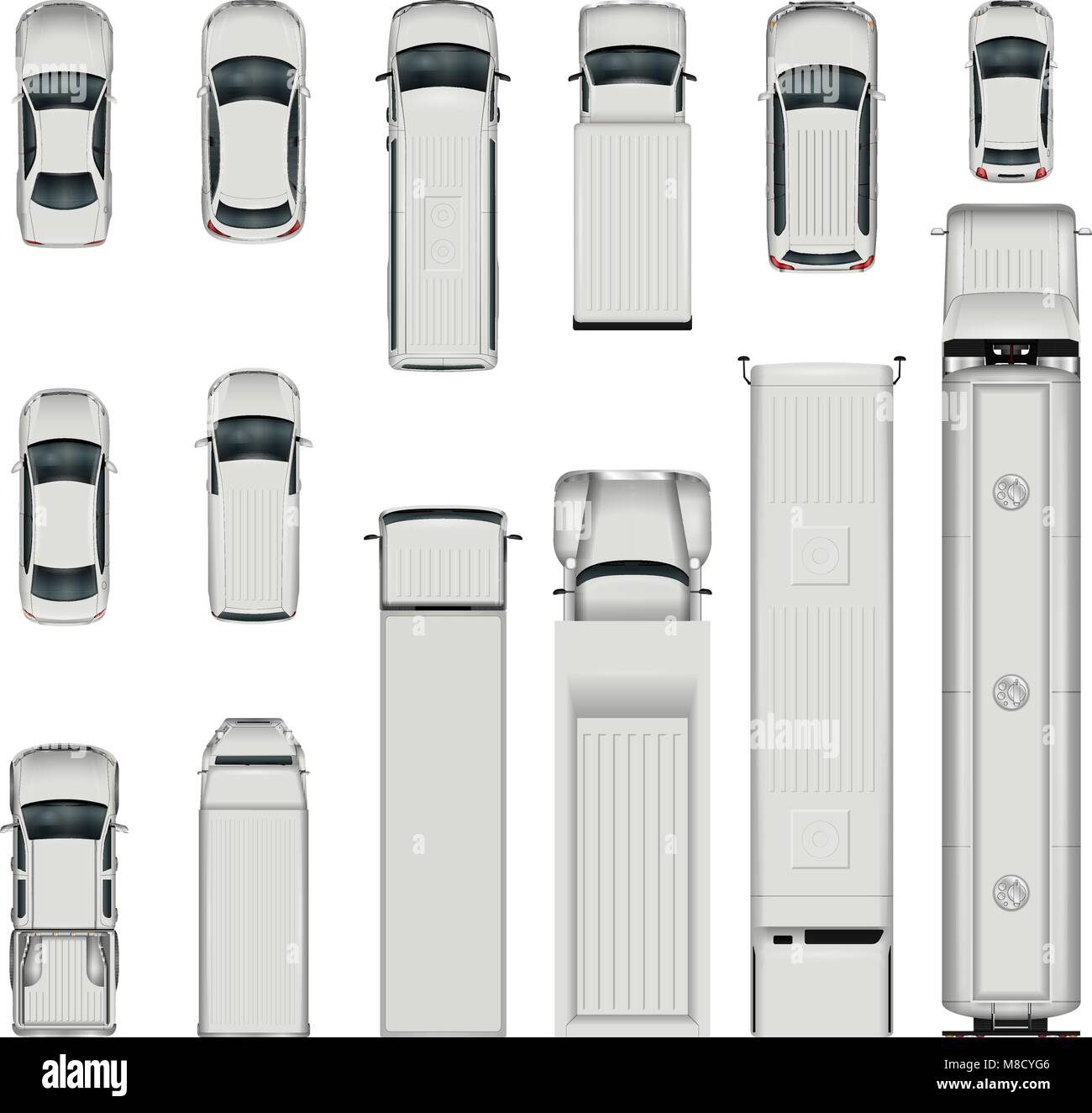 Auto vettore vista dall'alto. Isolate i veicoli realistici su sfondo bianco. Illustrazione Vettoriale