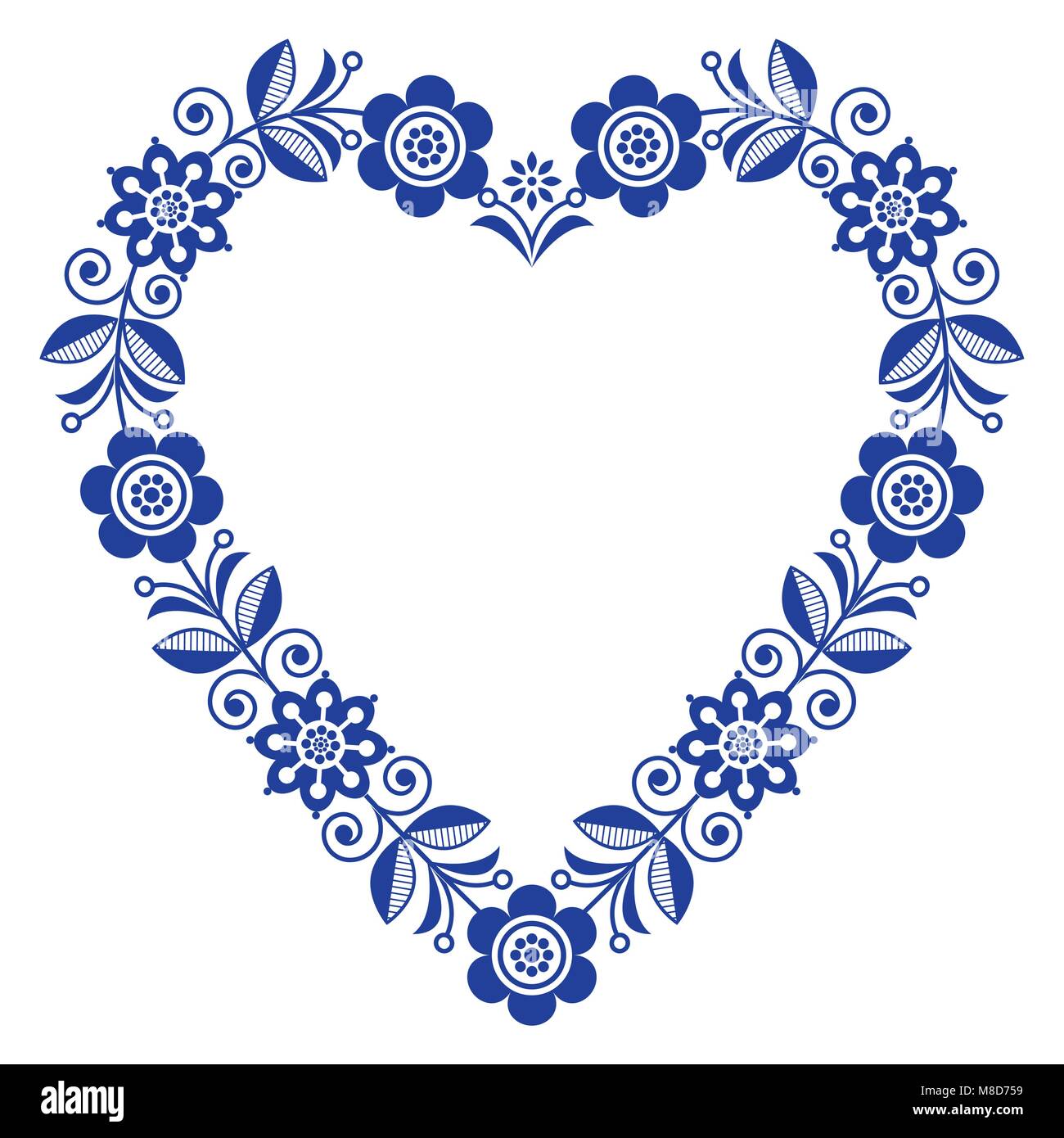 Cuore Folk vettore, design scandinavo ornamento floreale forma di cuore, design tradizionale con fiori in blu navy - compleanno o matrimonio biglietto di auguri Illustrazione Vettoriale