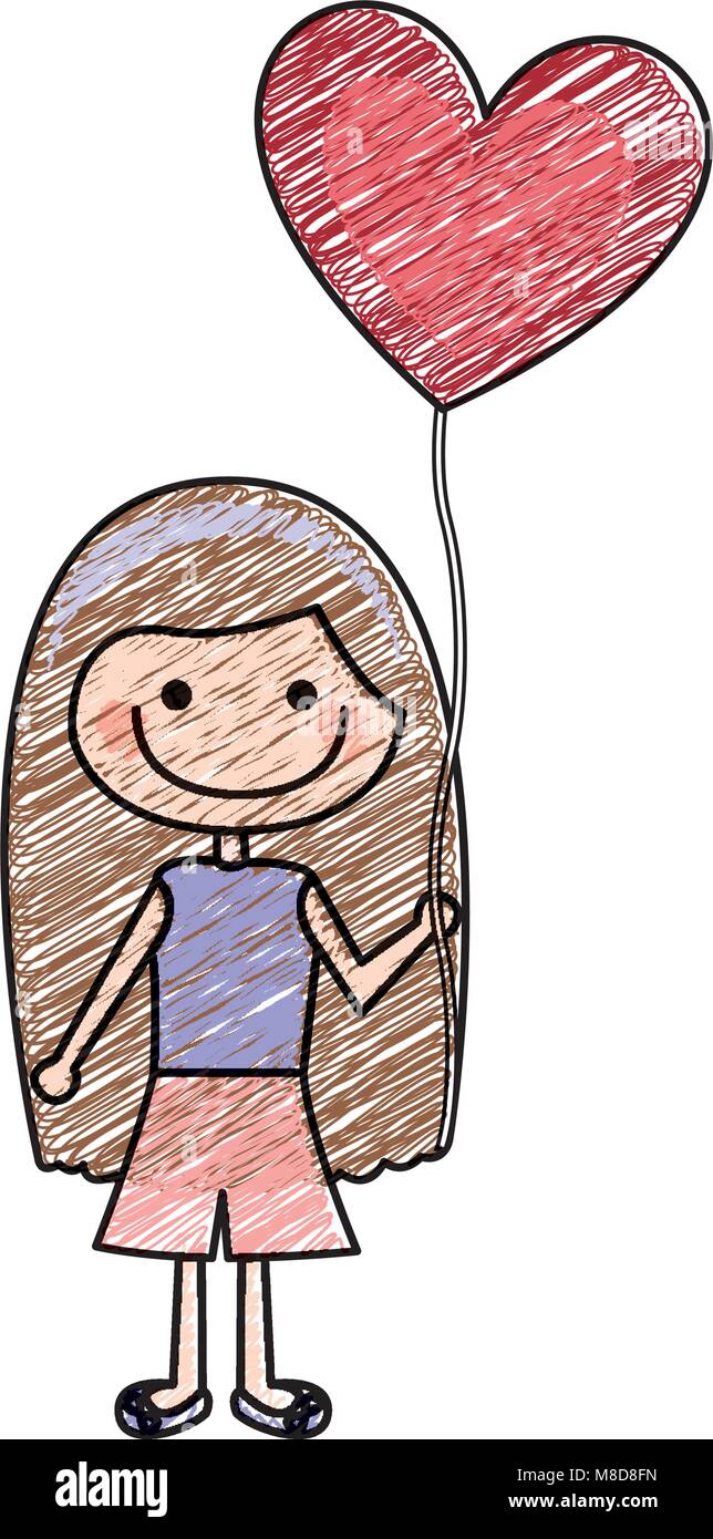 Disegno a matita colorata di caricatura di sorridente ragazza con maglietta  e pantaloni corti e palloncino a forma di cuore Immagine e Vettoriale -  Alamy