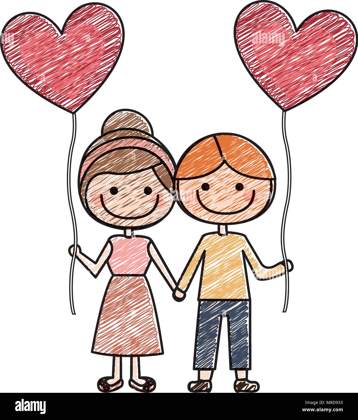 Disegno a matita colorata di caricatura di un ragazzo e una ragazza con  palloncino a forma di cuore Immagine e Vettoriale - Alamy