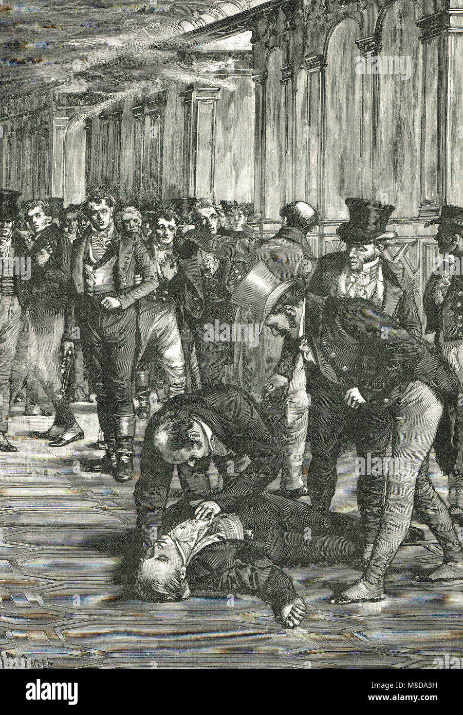 Spencer Perceval assassinio, Primo Ministro del Regno Unito, sparato e ucciso nella lobby della Camera dei Comuni di Londra, Inghilterra, 11 maggio 1812 Foto Stock