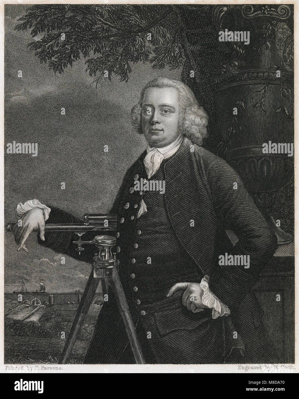 Antica incisione 1833, James Danielle. James Danielle (1716-1772) era un ingegnere inglese. Egli era nato a Tunstead, Derbyshire, e vissuto gran parte della sua vita a Leek, Staffordshire, diventando uno dei più famosi ingegneri del XVIII secolo. Fonte: Incisione originale Foto Stock