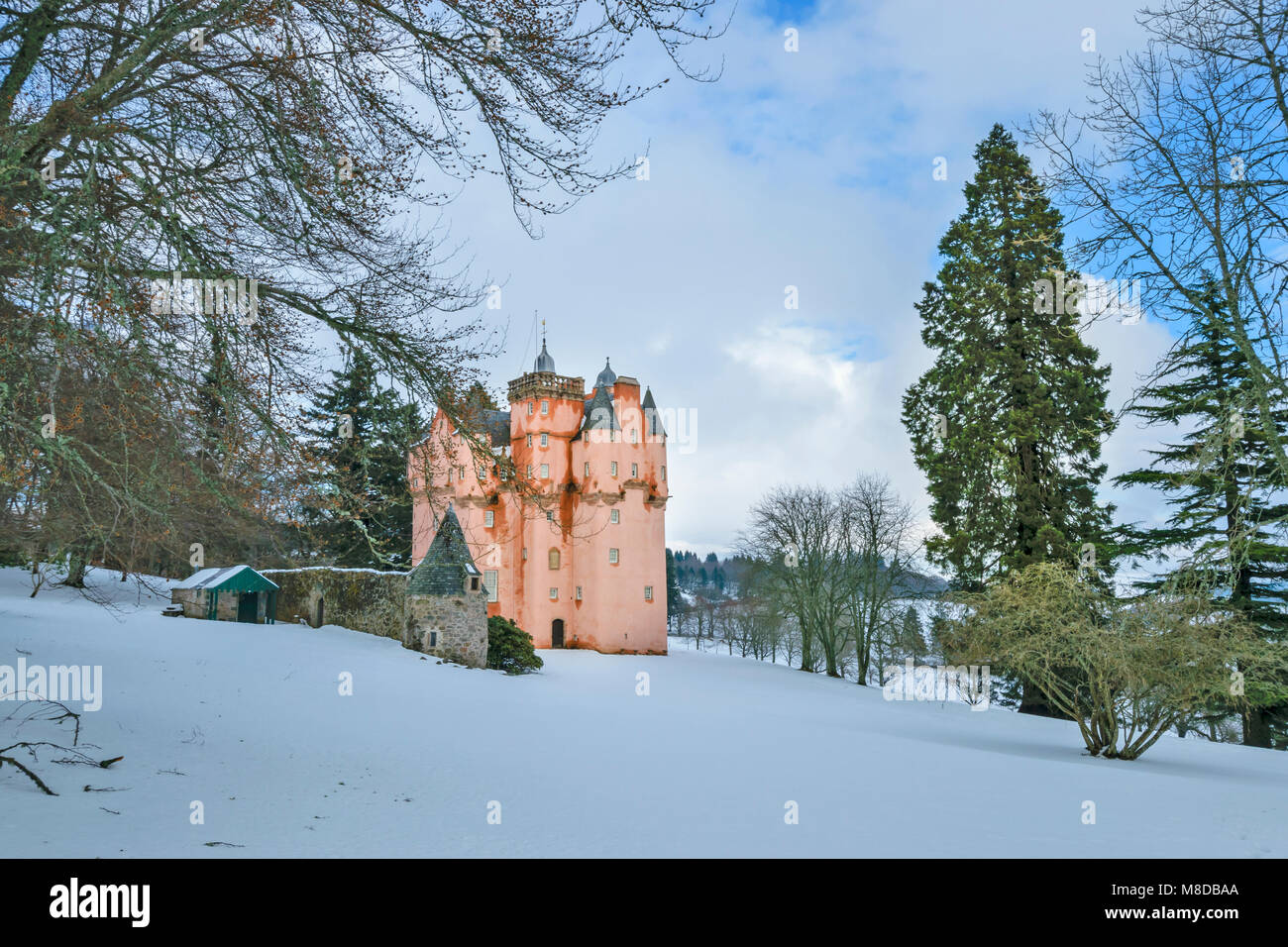 Castello di Craigievar ABERDEENSHIRE Scozia circondato da neve invernale con legno di faggio e di Evergreen pini Foto Stock