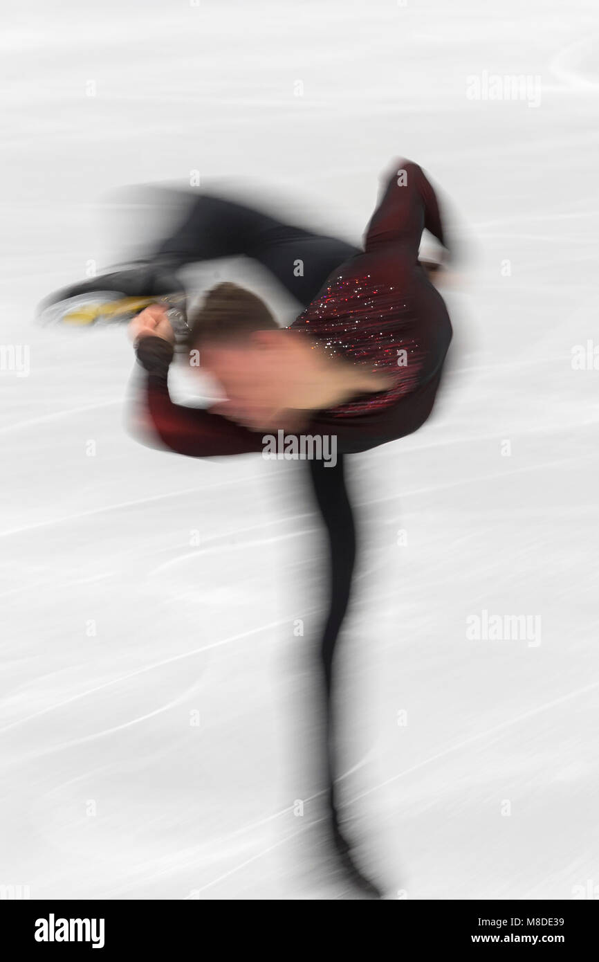 Motion Blur azione del concorrente maschile nel pattinaggio di figura uomini,s Singles la libera concorrenza a i Giochi Olimpici Invernali PyeongChang 2018 Foto Stock