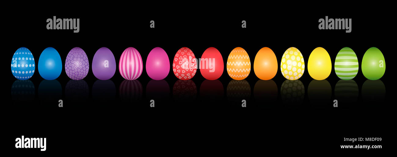 Uova di Pasqua. Schierate con colori e motivi diversi. Rainbow colorati tridimensionali illustrazione su sfondo nero. Foto Stock