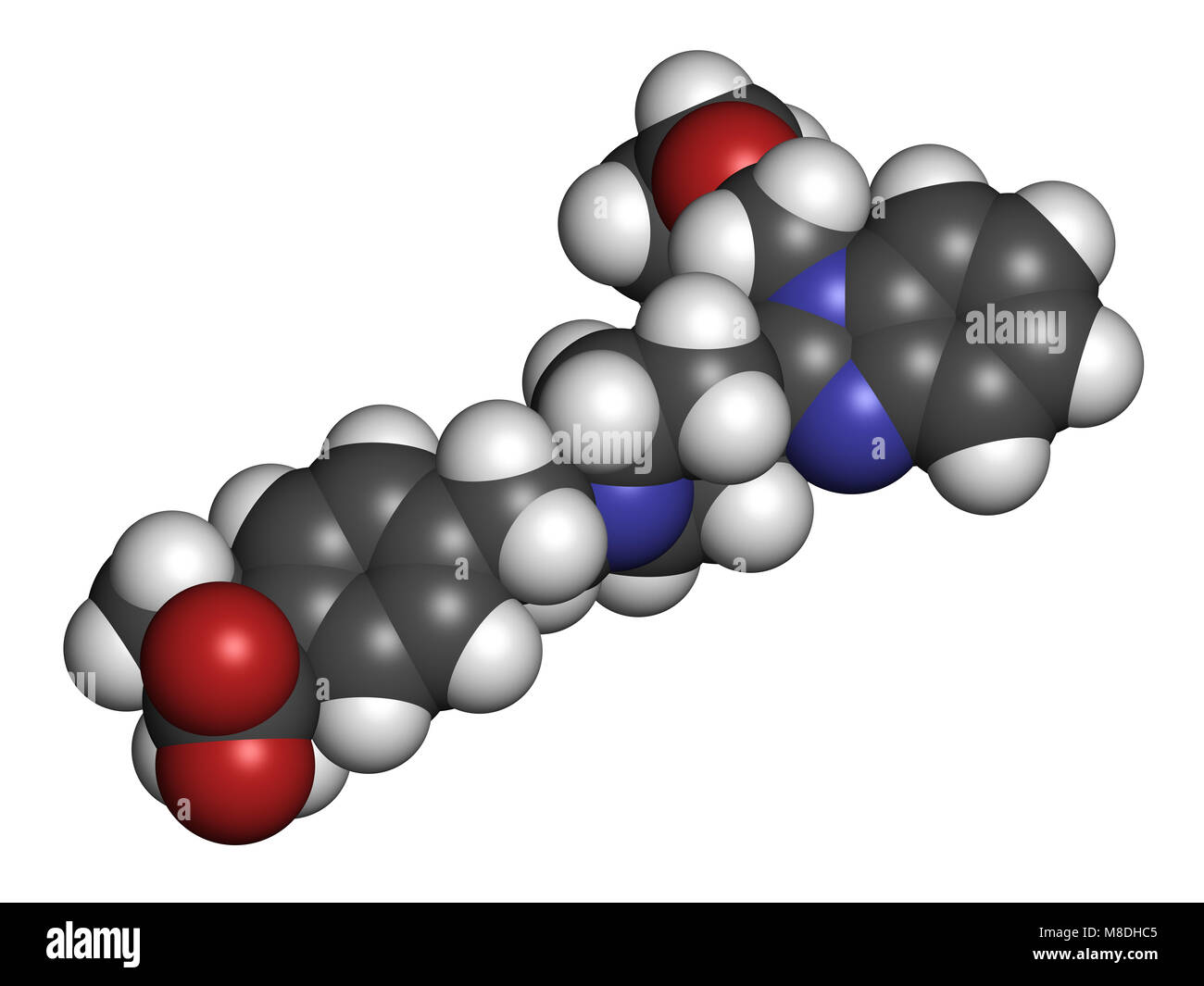 Bilastine antistaminico farmaco molecola. Il rendering 3D. Gli atomi sono rappresentati come sfere con i tradizionali colori: idrogeno (bianco), carbonio (grigio), Foto Stock