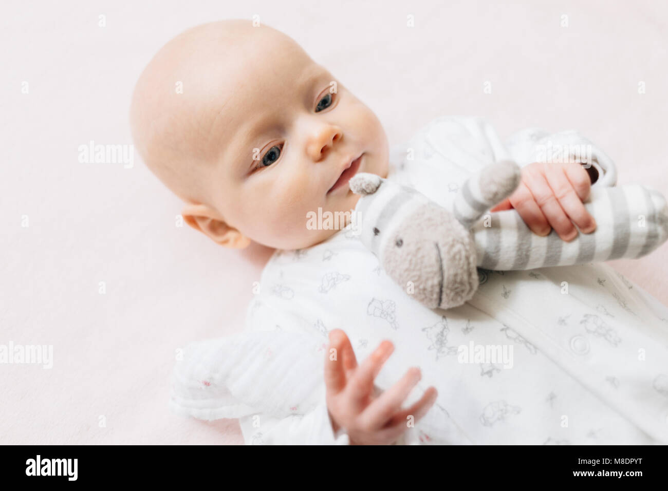 Baby girl giacente sul retro tenendo giocattolo morbido Foto Stock