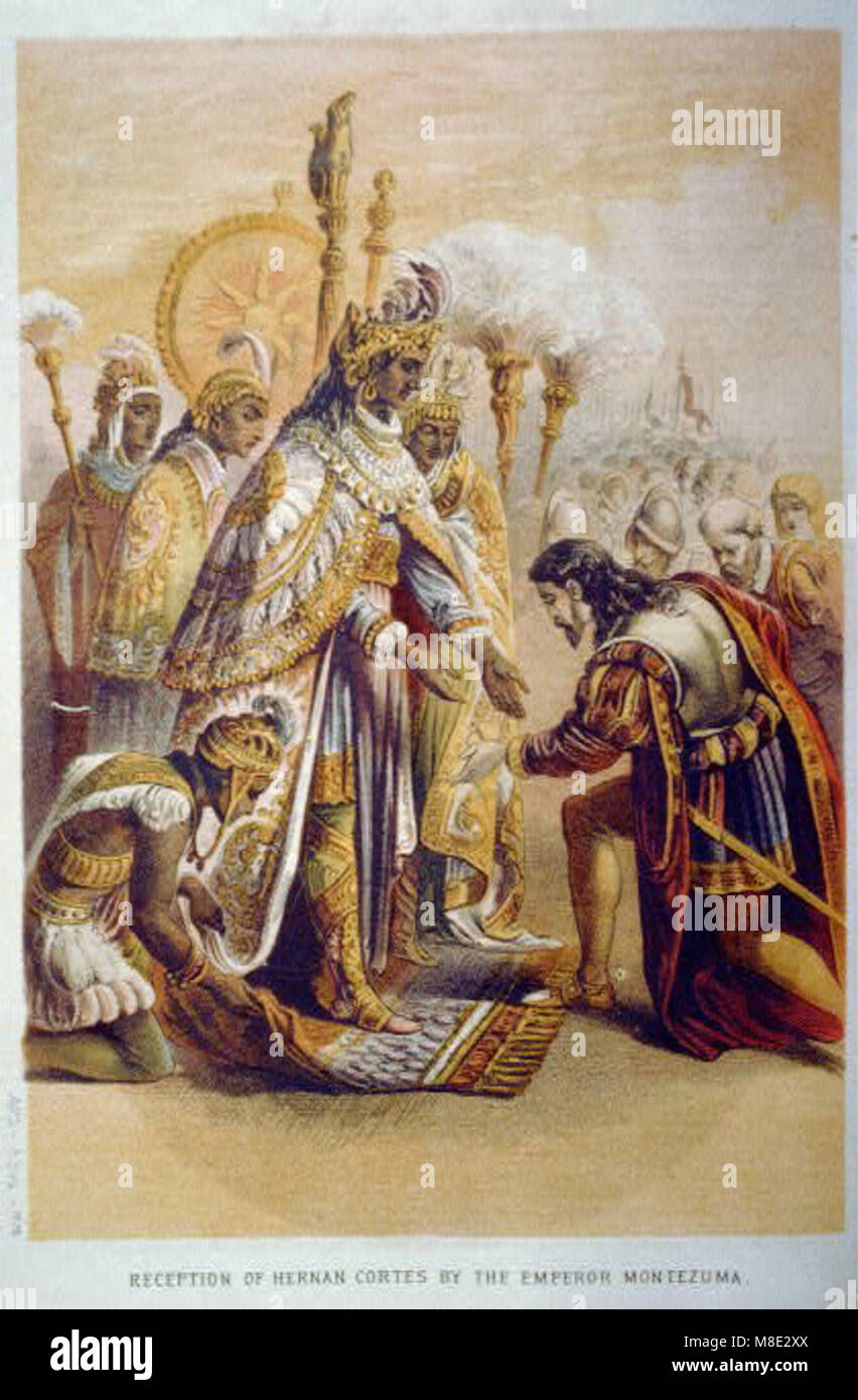 Una rappresentazione storica del momento in cui Hernando Cortés fu ricevuto dall'imperatore Montezuma durante la conquista spagnola del Messico. L'immagine illustra un evento chiave che segnò l'inizio della colonizzazione europea nelle Americhe. Foto Stock