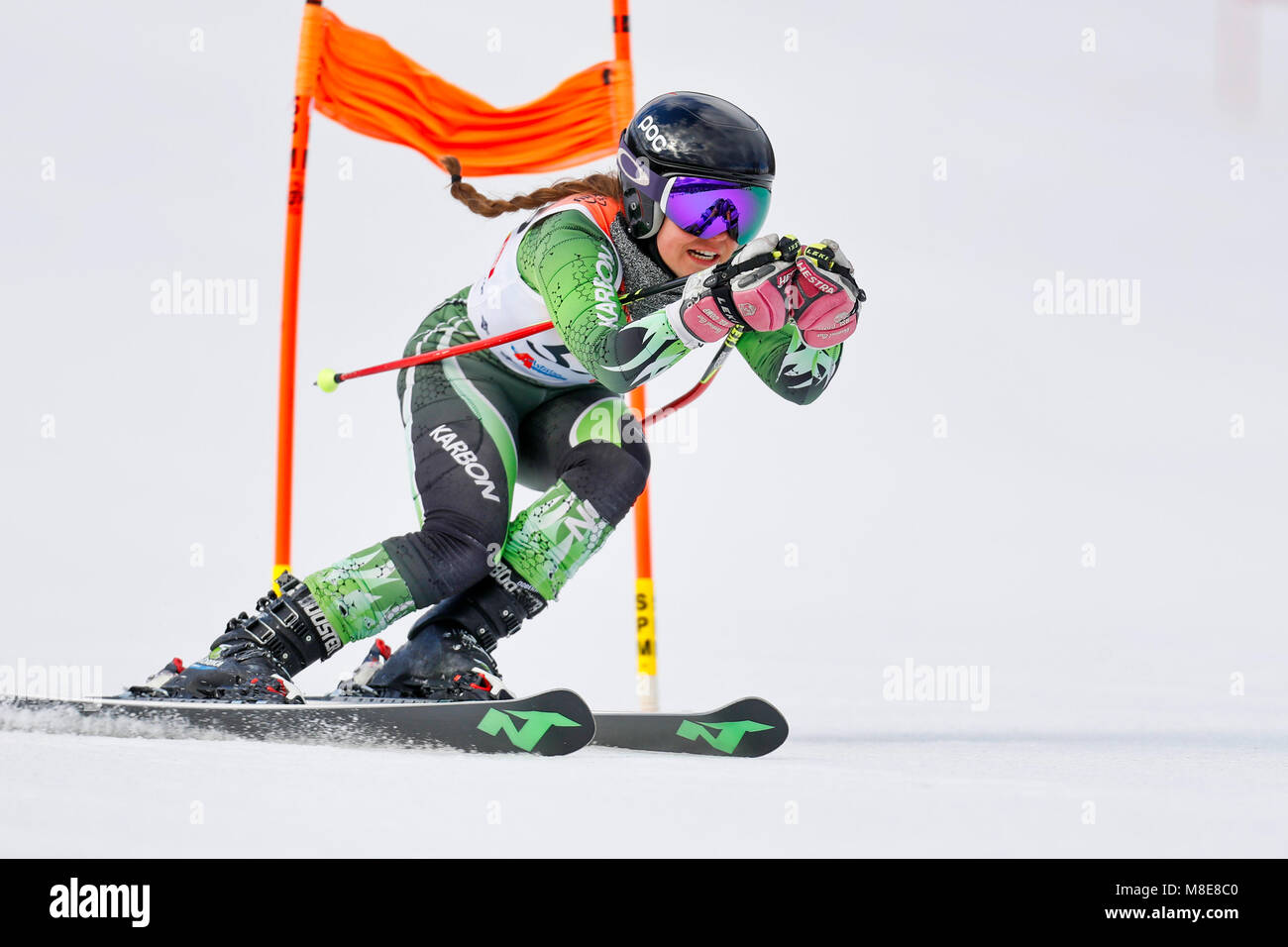 Sciatore alpino passando per un cancello durante un slalom gigante. Foto Stock