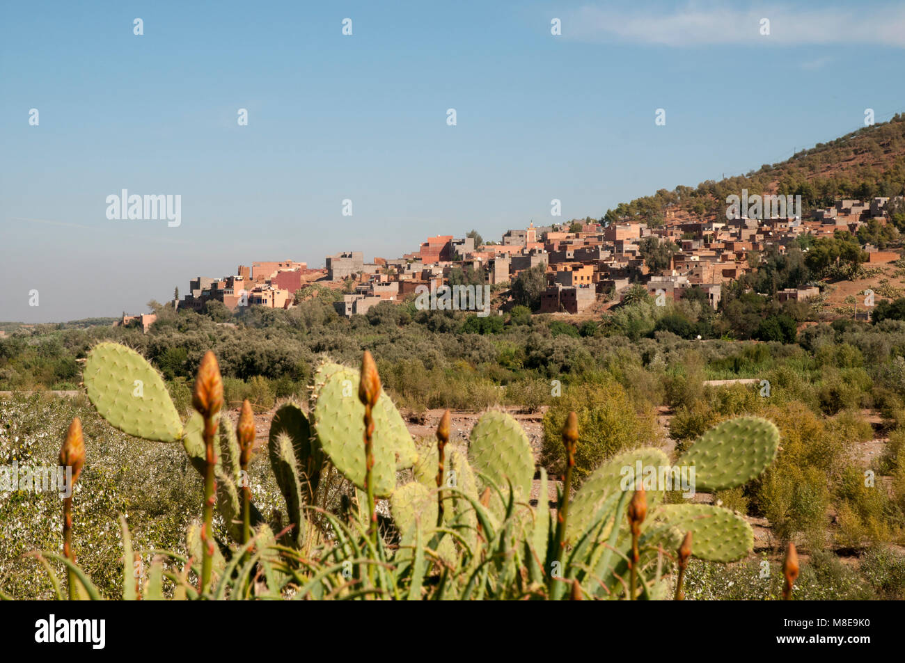 Un borgo collinare ai piedi dei monti Atlas nei pressi di Ourika, Marocco. Foto Stock