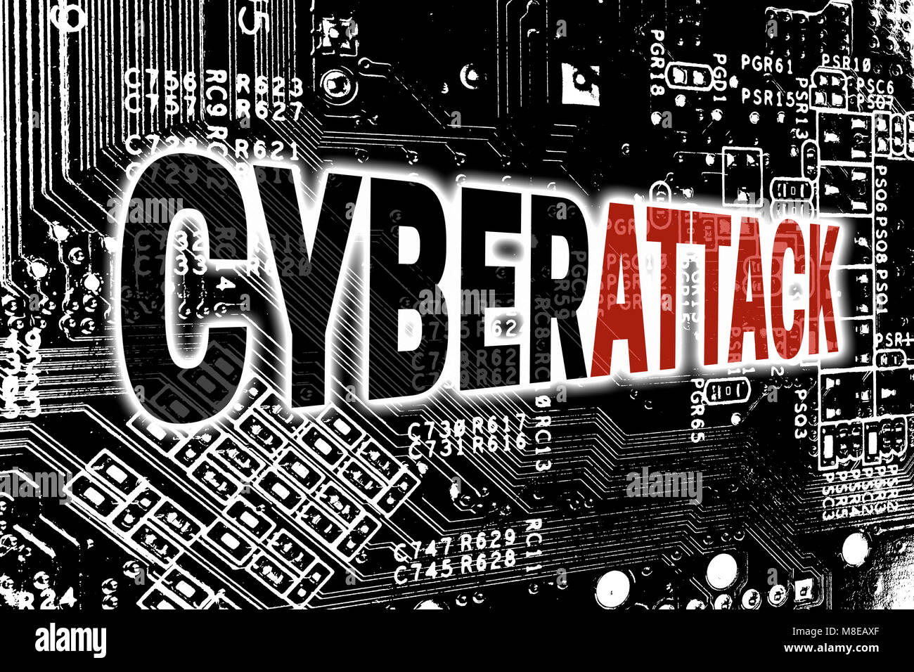 Cyberattack con scheda di circuito concetto dello sfondo. Foto Stock