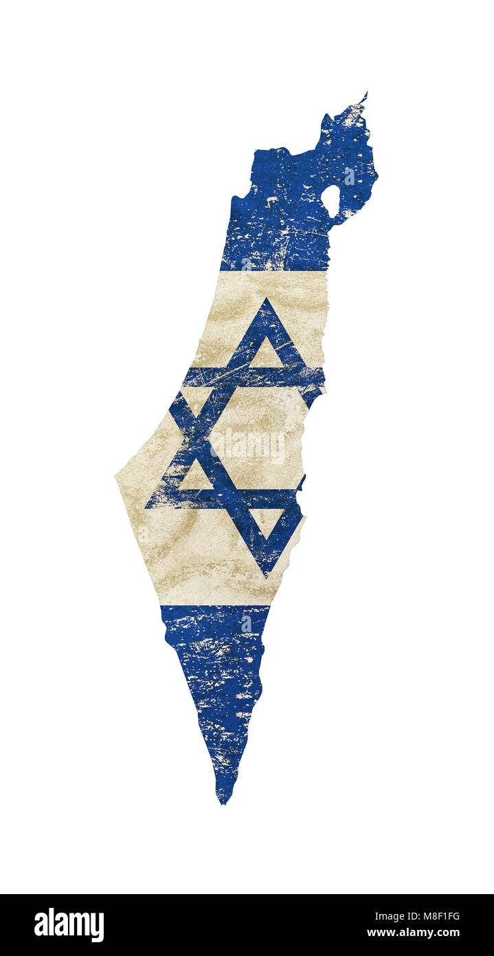 Il vecchio grunge sporco vintage sbiadito shabby distressed bandiera di Israele di sfondo bianco con Blue Star di Giuda (Magen David) Foto Stock