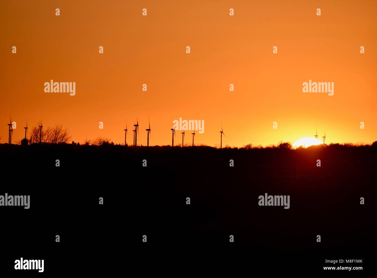 Commerciali di grandi turbine a vento drammaticamente la filatura al golden sunset in campagna in una fattoria eolica, Lena, Illinois, Stati Uniti d'America Foto Stock