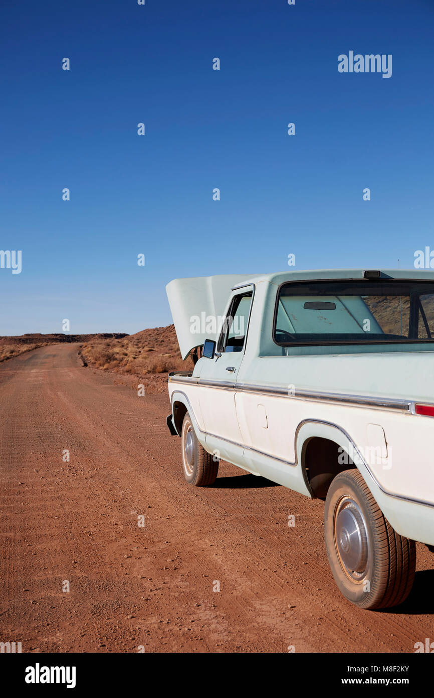 Stati Uniti d'America, Arizona, rotte pick up truck parcheggiato sulla strada del deserto Foto Stock