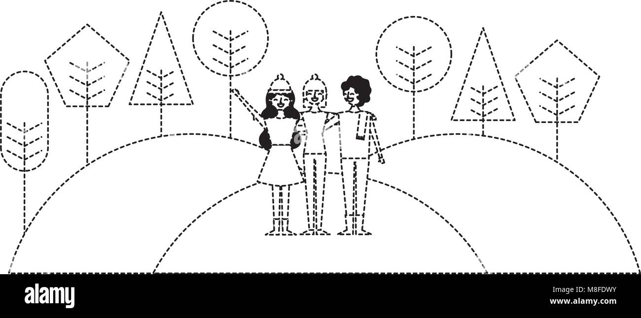 Gli amici di persone in piedi in colline di alberi naturali paesaggio illustrazione vettore di tratteggio immagine Illustrazione Vettoriale