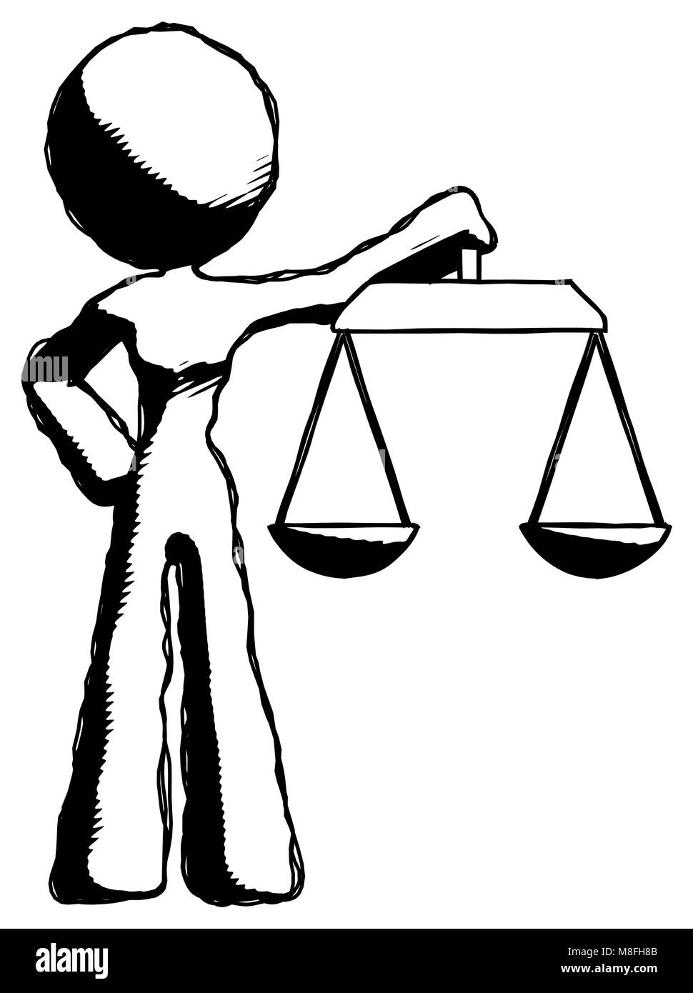 Disegno a inchiostro donna mascotte azienda scale di giustizia. Foto Stock