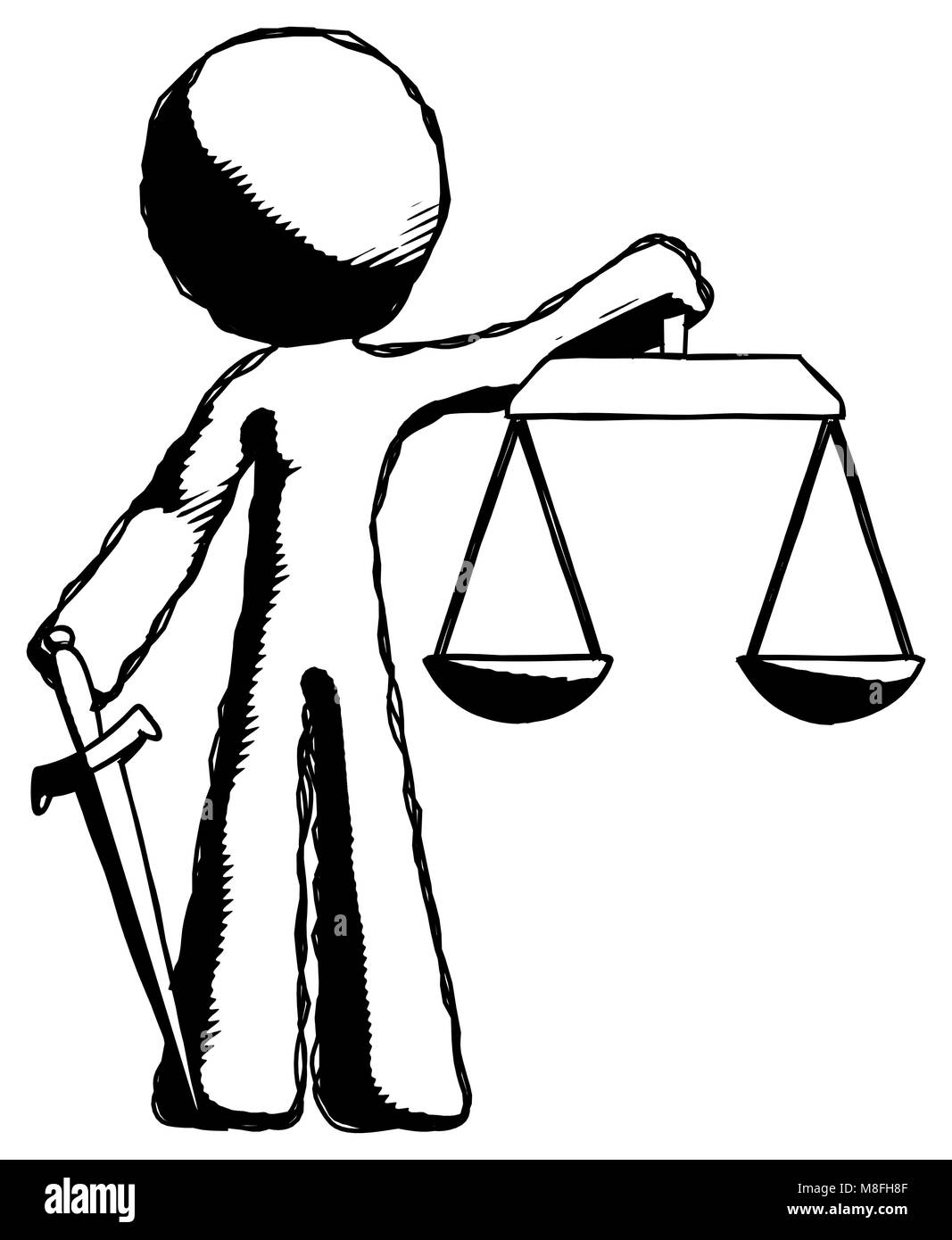 Disegno a inchiostro uomo mascotte giustizia concetto con bilance e la spada, justicia derivata. Foto Stock