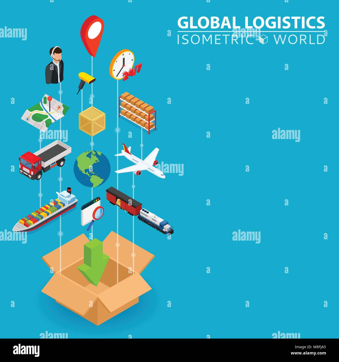 Logistica integrata 3d'intestazione. Rete digitale isometrica concetto di progresso. Collegato graphic design linea sistema di crescita. Sfondo astratti per la spedizione La consegna e la distribuzione. Infografico vettore. Illustrazione Vettoriale