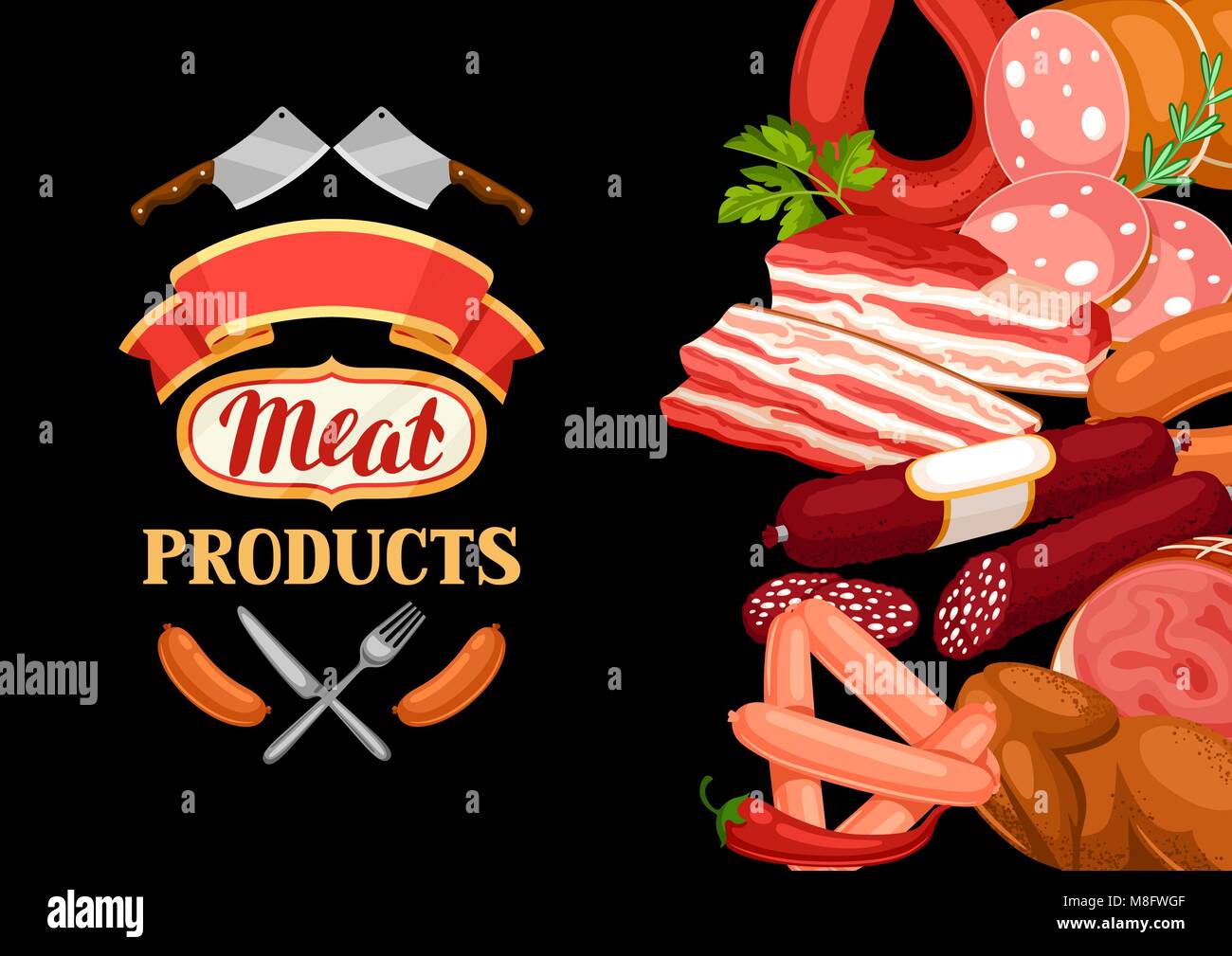 Sfondo con prodotti a base di carne. Illustrazione di salsicce, pancetta e prosciutto Illustrazione Vettoriale