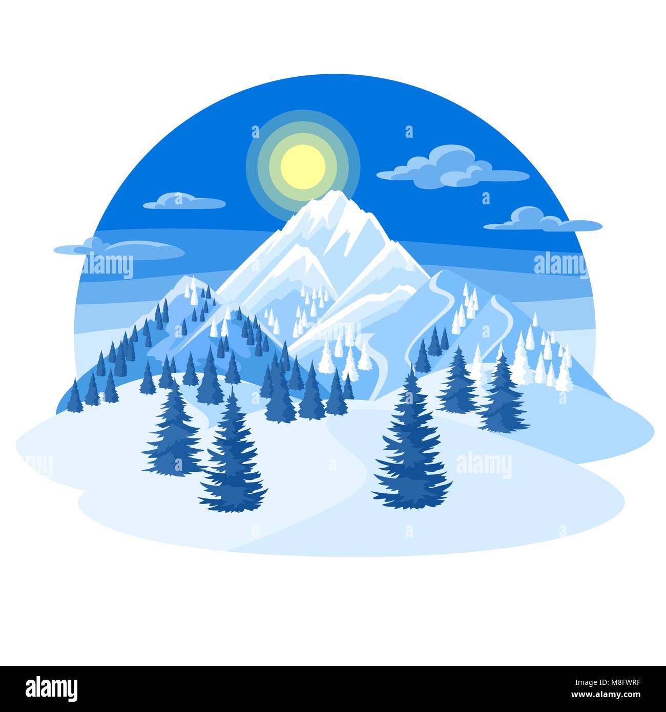 Paesaggio invernale con montagne innevate e foreste di abete Illustrazione Vettoriale