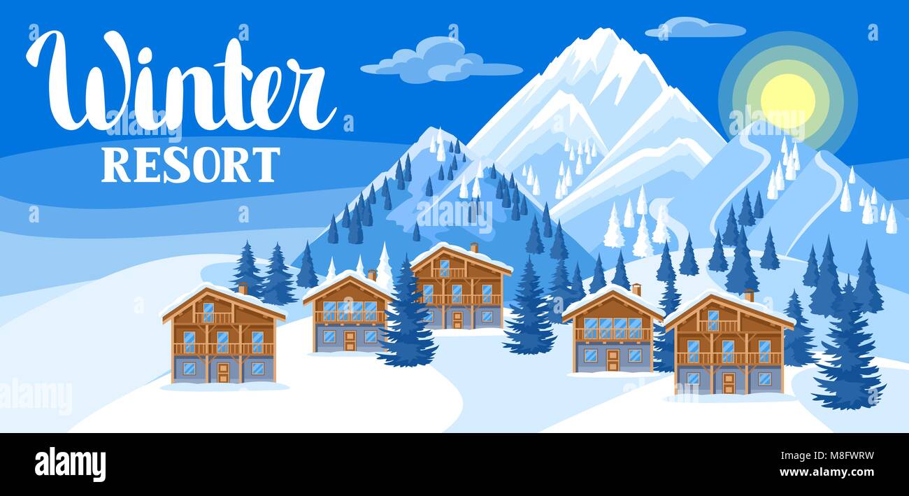 Chalet Alpina case. Winter resort illustrazione. Bellissimo paesaggio con montagne innevate e foreste di abete Illustrazione Vettoriale