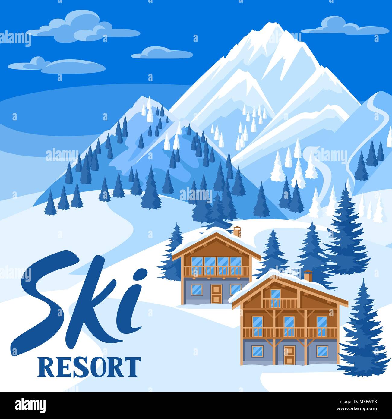Chalet Alpina case. In inverno ski resort illustrazione. Bellissimo paesaggio con montagne innevate e foreste di abete Illustrazione Vettoriale