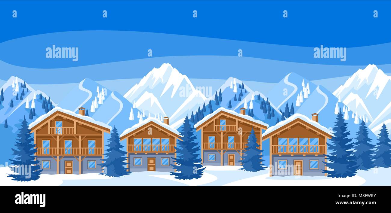 Chalet Alpina case. Winter resort illustrazione. Bellissimo paesaggio con montagne innevate e foreste di abete Illustrazione Vettoriale