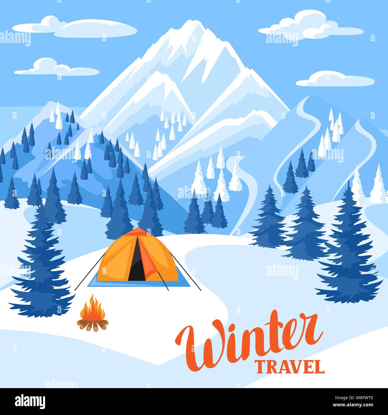 Inverno trawel illustrazione. Bel paesaggio con camp, montagne innevate e foreste di abete Illustrazione Vettoriale