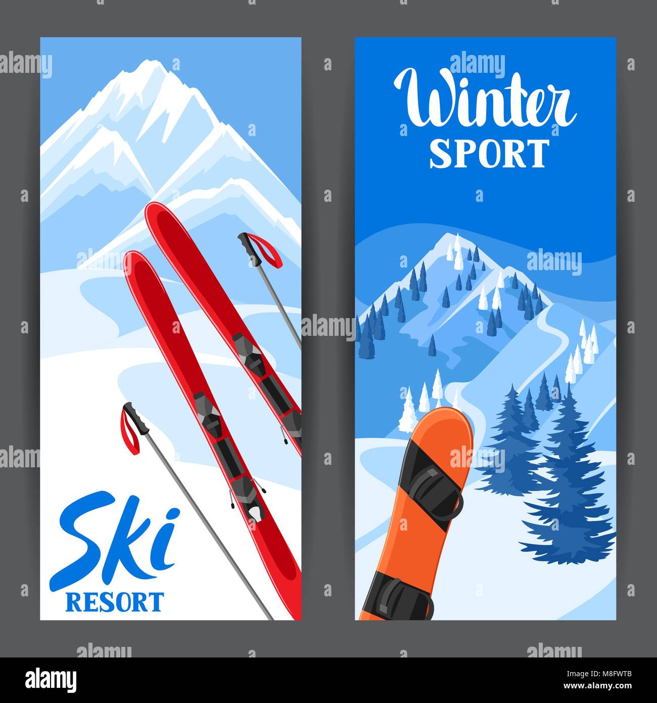 In inverno ski resort banner. Bellissimo paesaggio con chalet di montagna Case, snowboard, montagne innevate e foreste di abete Illustrazione Vettoriale