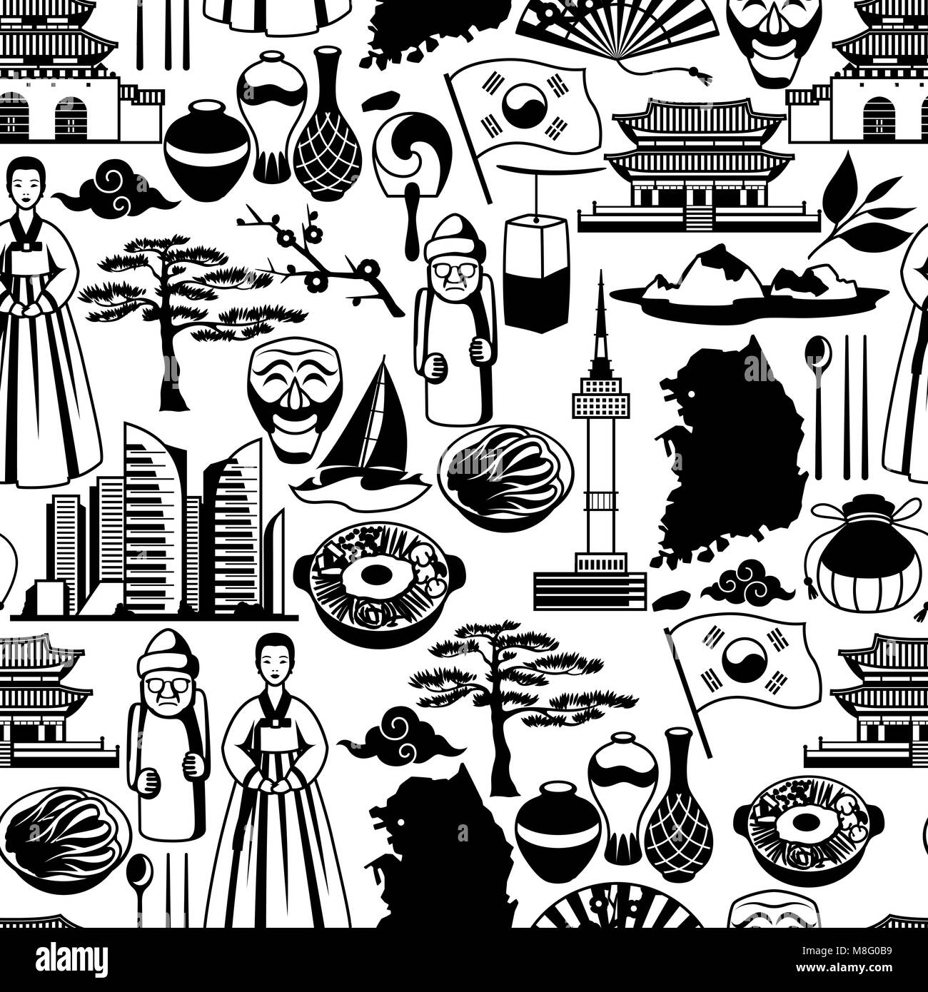 Corea seamless pattern. Il coreano simboli tradizionali e oggetti Illustrazione Vettoriale