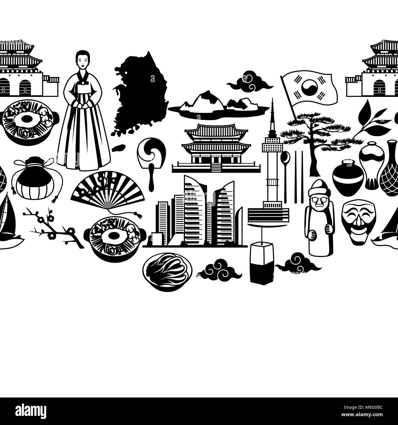 Corea seamless pattern. Il coreano simboli tradizionali e oggetti Illustrazione Vettoriale