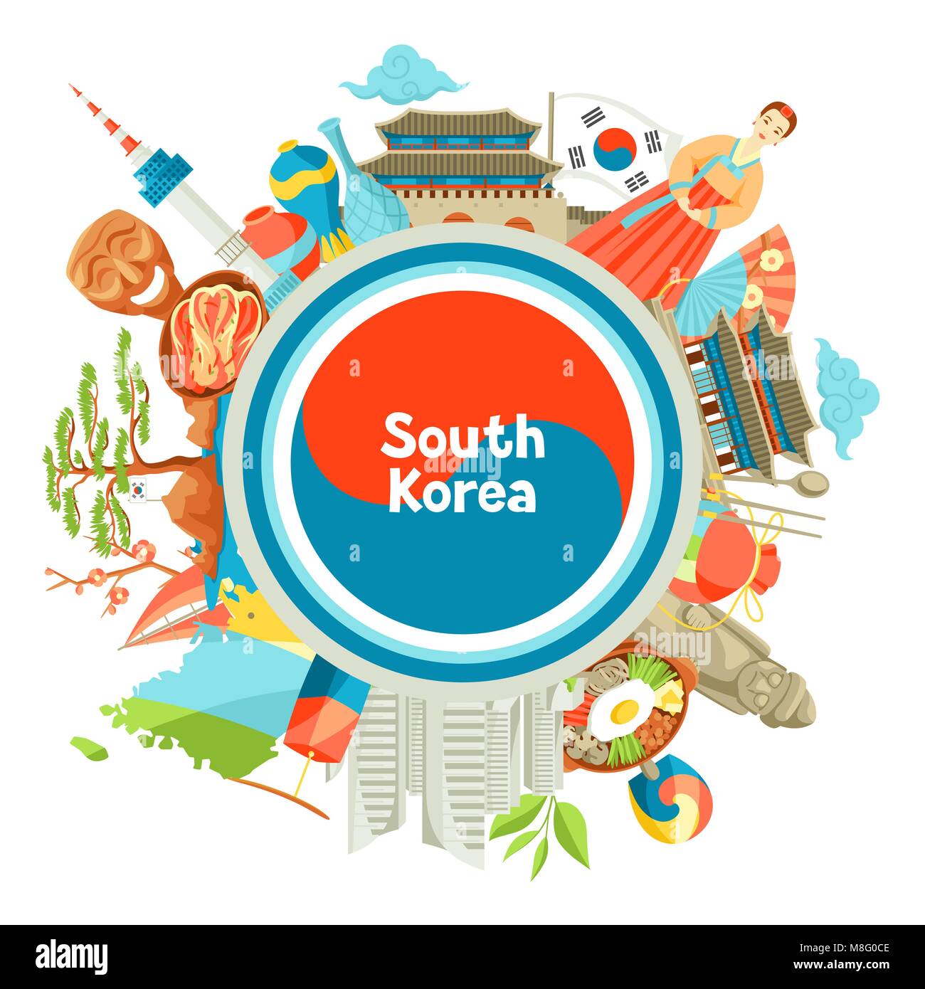 Corea del Sud il design dello sfondo. Il coreano simboli tradizionali e oggetti Illustrazione Vettoriale