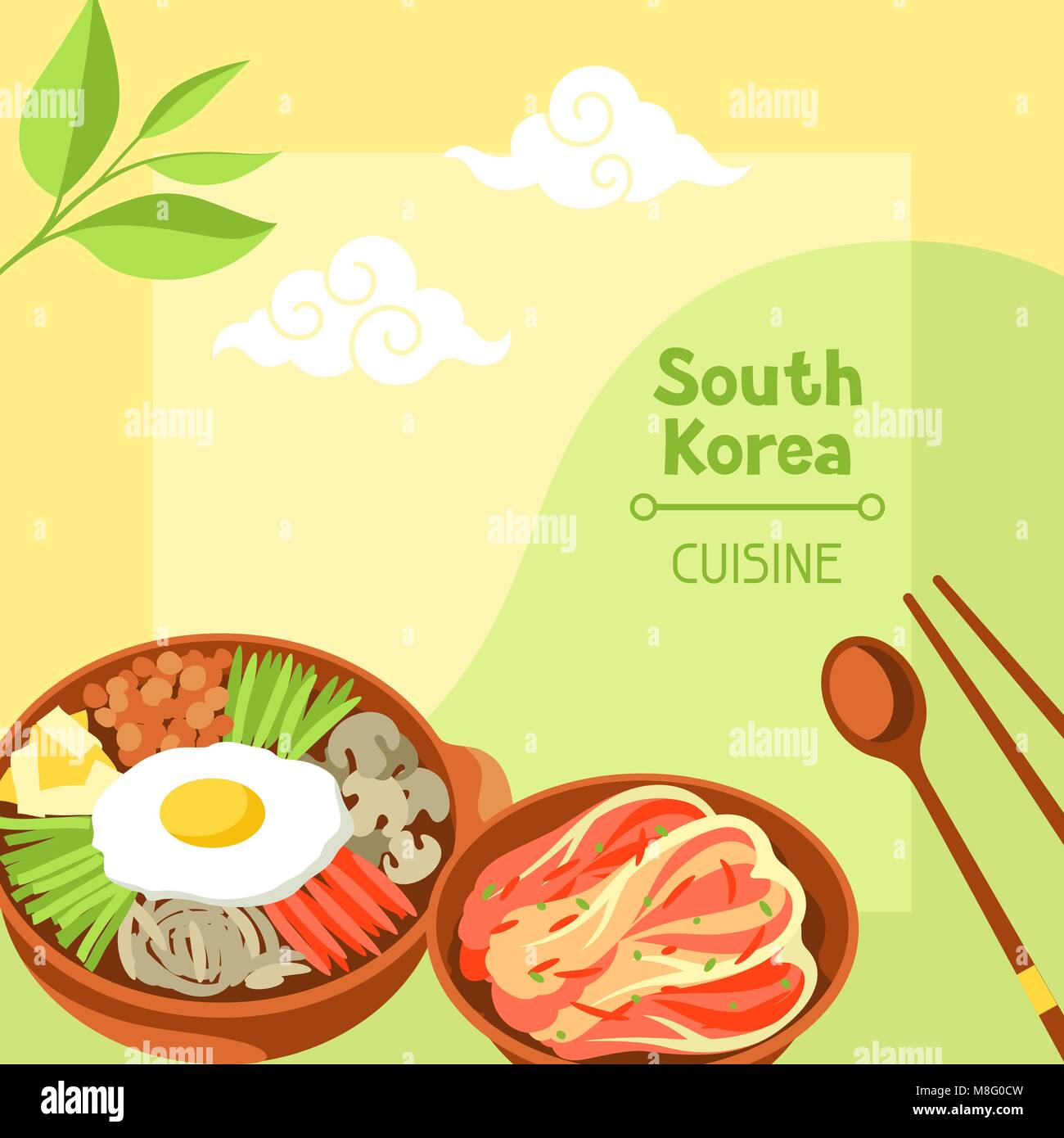 Corea del Sud la cucina. Coreano design banner con simboli tradizionali e oggetti Illustrazione Vettoriale