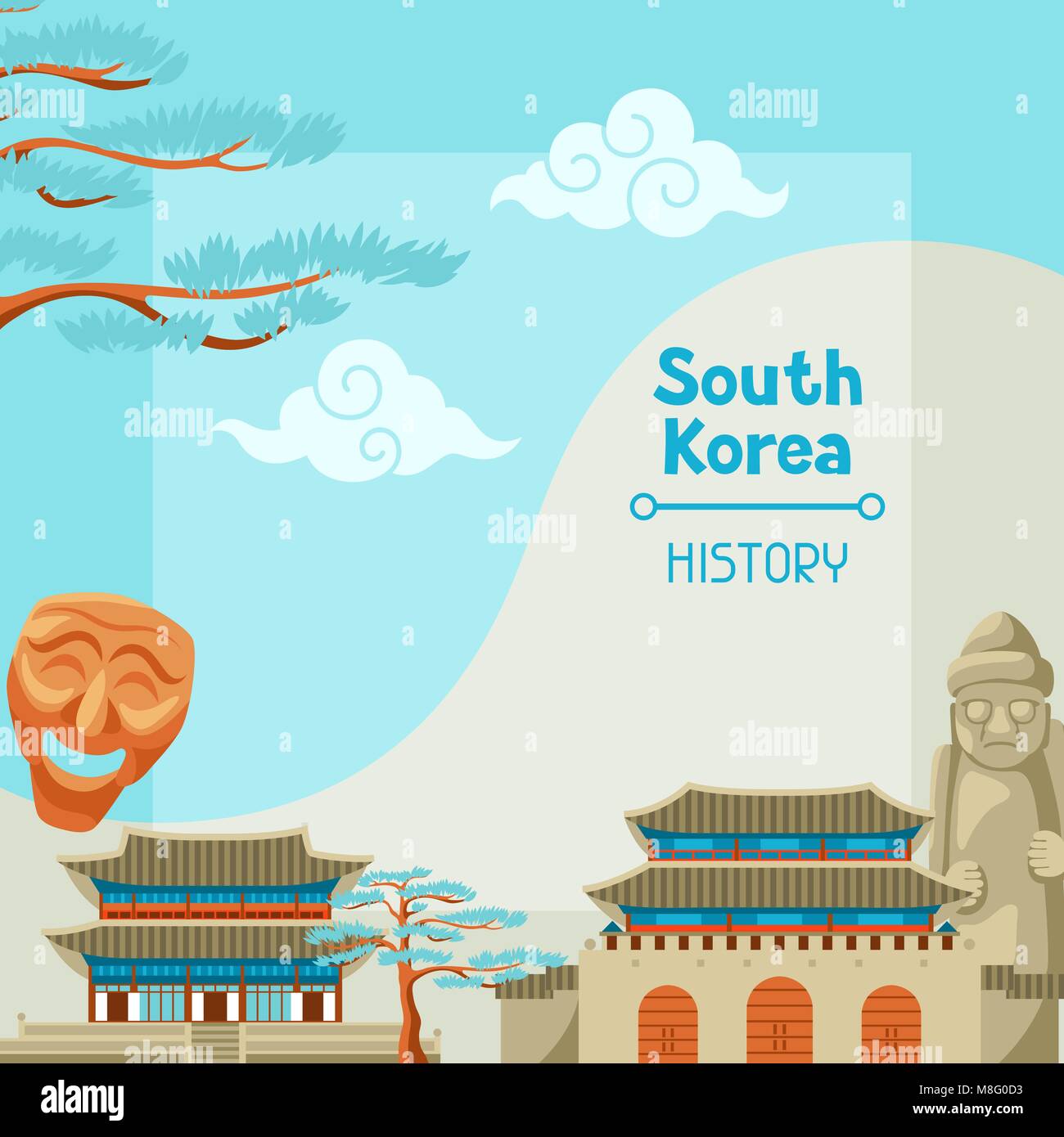 Corea del Sud la storia. Coreano design banner con simboli tradizionali e oggetti Illustrazione Vettoriale