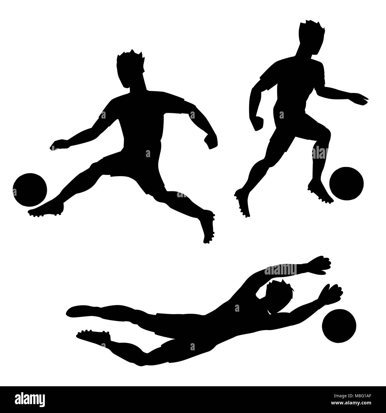 Set di giocatori di calcio con sfere. Sagome di uomini su sfondo bianco Illustrazione Vettoriale
