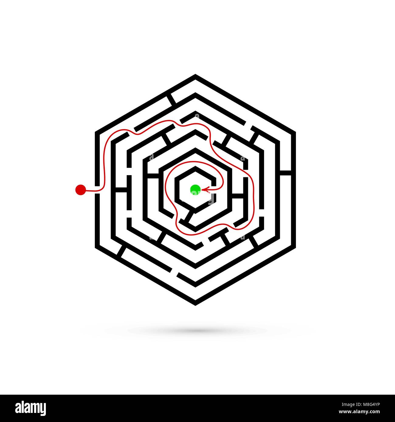Labirinto esagonale con modo di centro. Problema di business, confusione e concetto di soluzione. Design piatto. Illustrazione Vettoriale su sfondo bianco Illustrazione Vettoriale