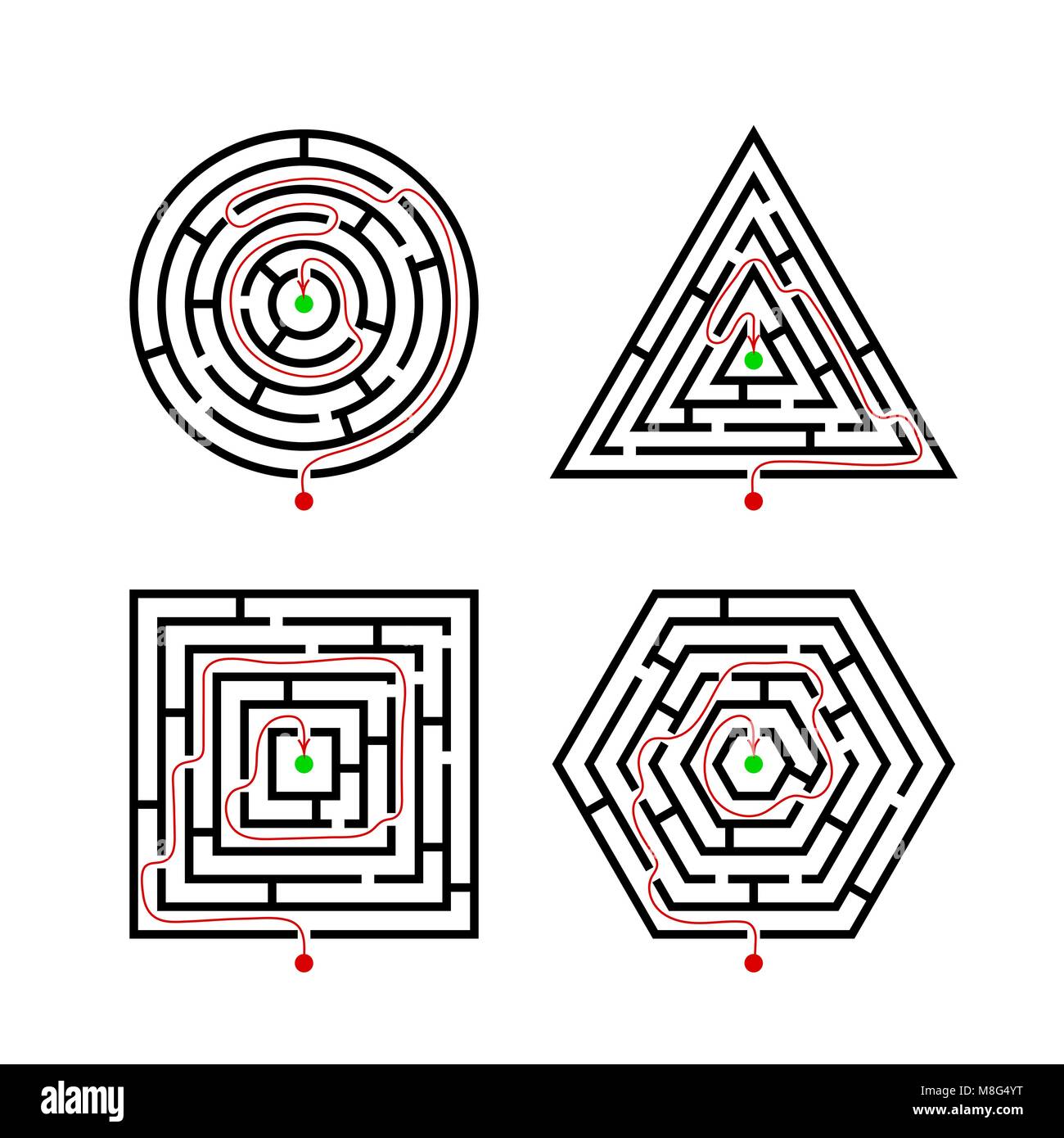 Serie di labirinti di forme differenti per il gioco con il marcatore percorso corretto. Maze rotondi, quadrati, esagoni e triangolo enigma puzzle gioco di logica conce Illustrazione Vettoriale