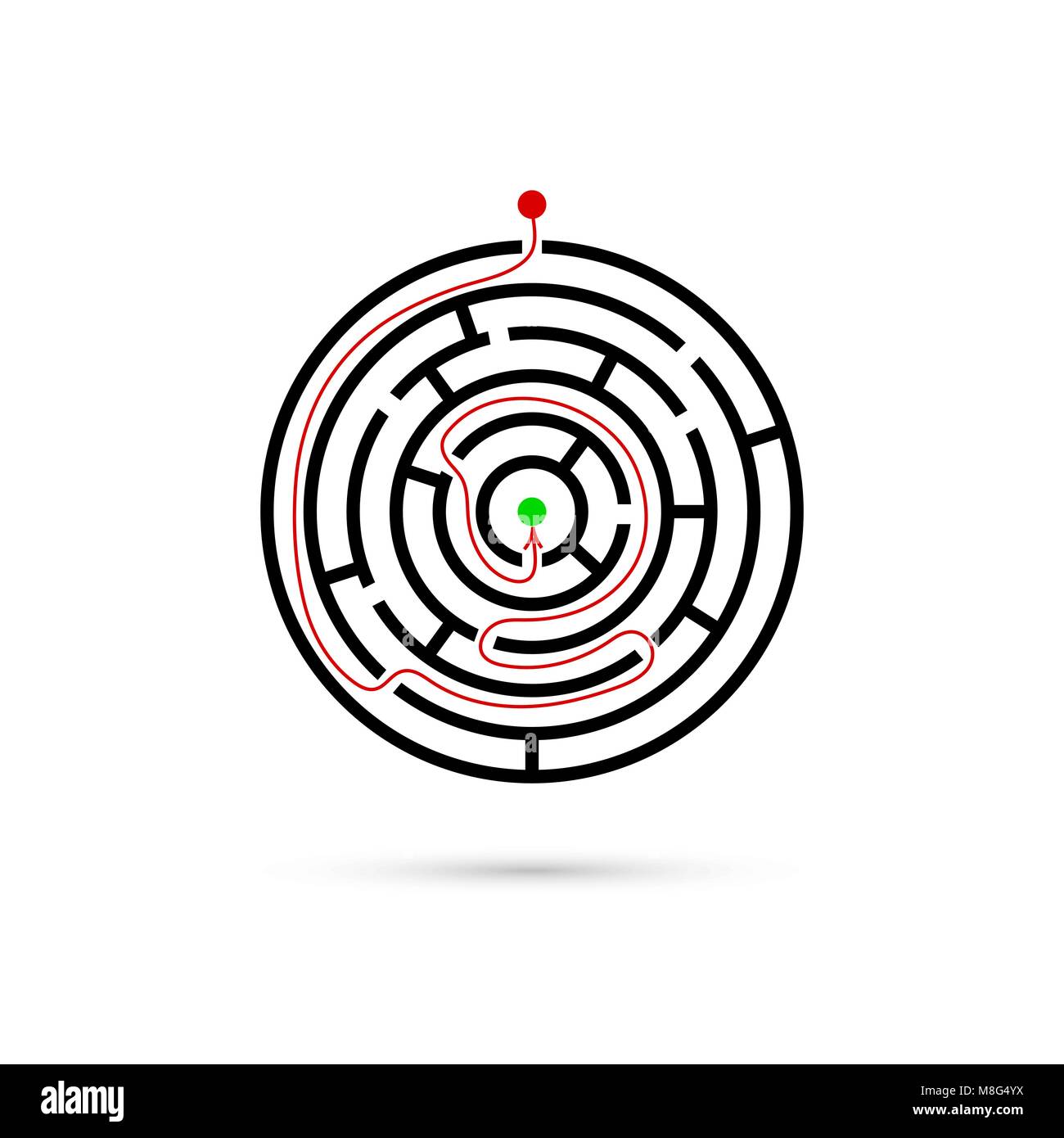 Labirinto di circolare con modo di centro. Business confusione e concetto di soluzione. Design piatto. Illustrazione Vettoriale su sfondo bianco Illustrazione Vettoriale