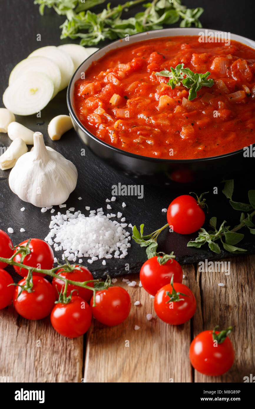 Italiano salsa pizzaiola con pomodori, origano e aglio e cipolla vicino sul piano verticale. Foto Stock