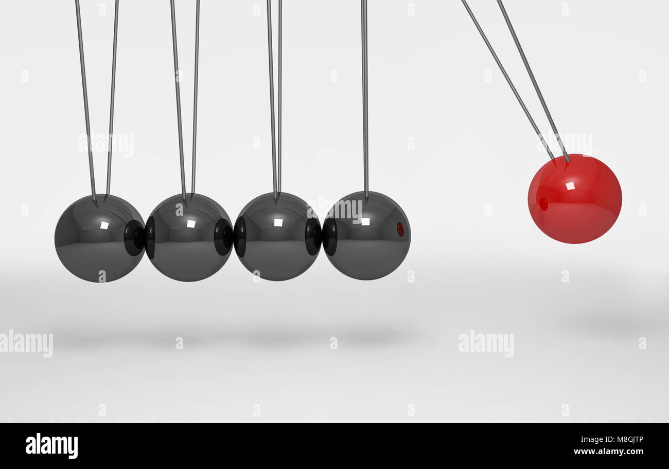 Le sfere di bilanciamento di Newton culla su sfondo bianco.il rendering 3d. Foto Stock