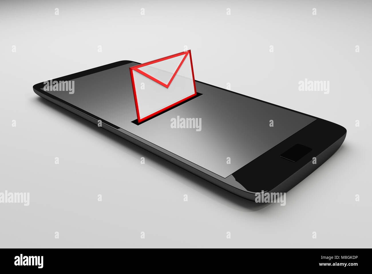 Realistico schermo lucido smartphone con nuova e-mail messagessage su uno schermo. Isolato su bianco.3d rendeing Foto Stock
