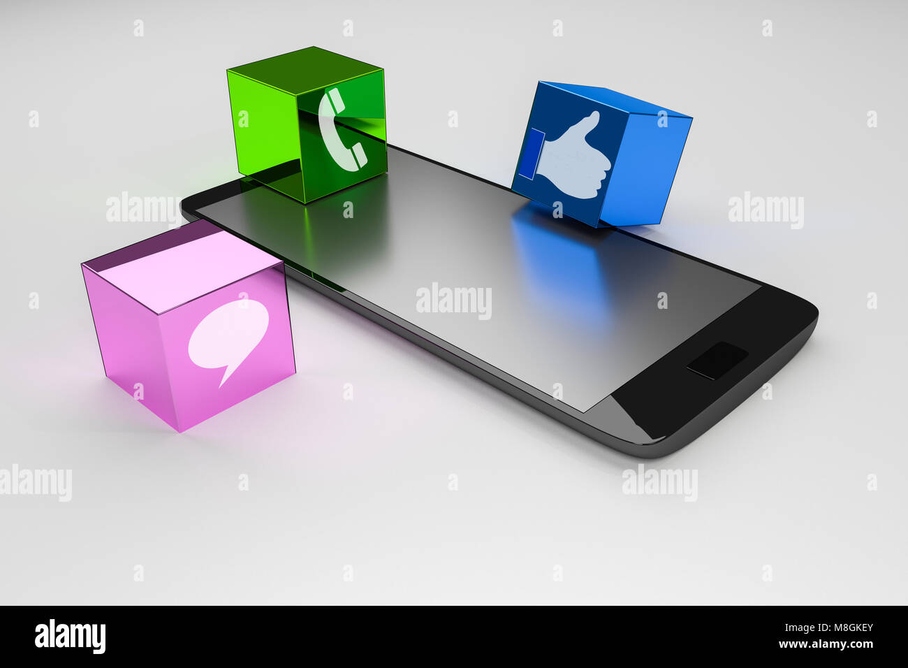 Moderno lucido nero smartphone touchscreen con social mediane isolati su sfondo bianco.il rendering 3d. Foto Stock