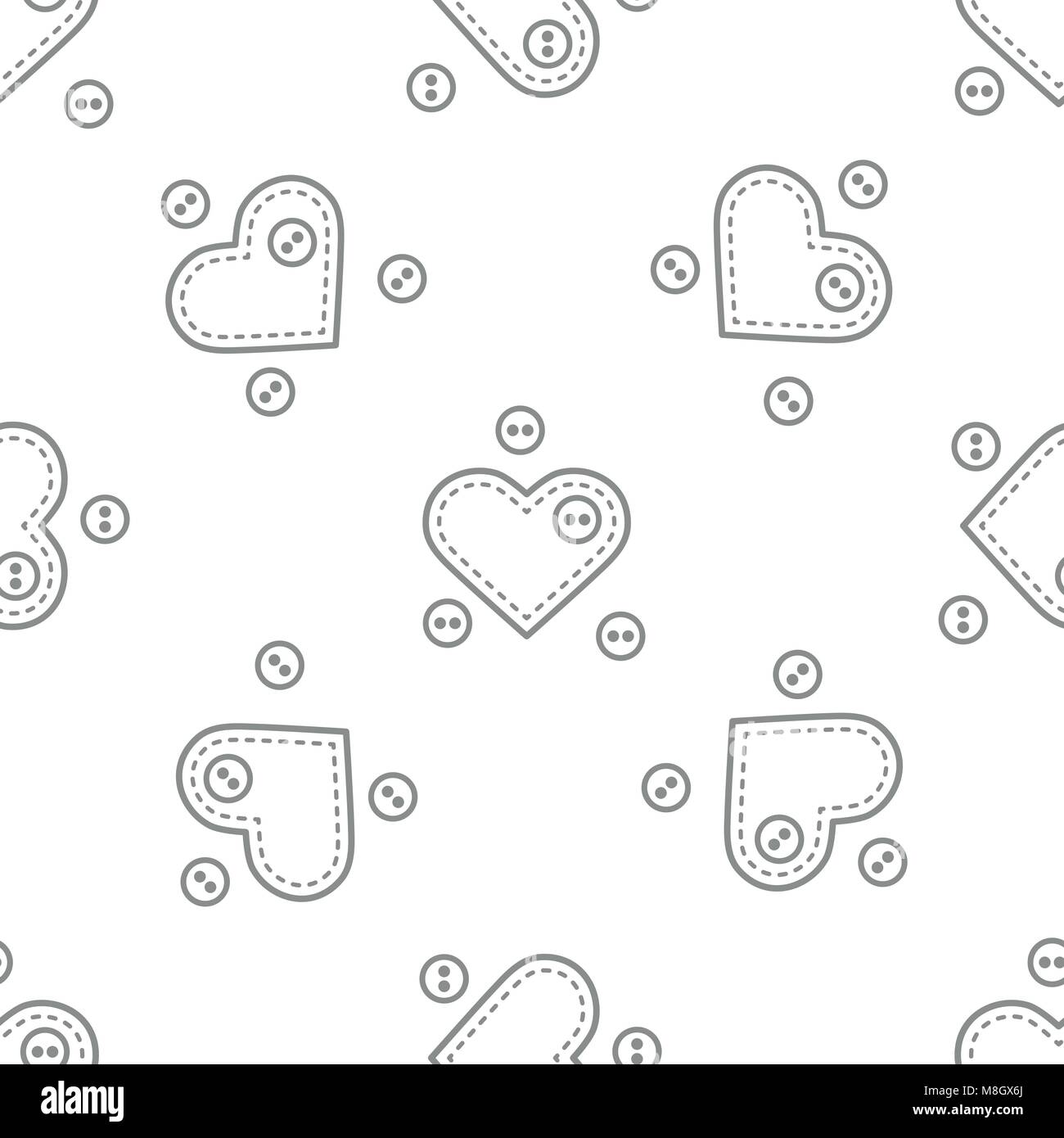 Carino seamless pattern con ago casi in forma di cuori e pulsanti.Modello per la progettazione, tessuto, stampa. Il giorno di San Valentino. Illustrazione Vettoriale