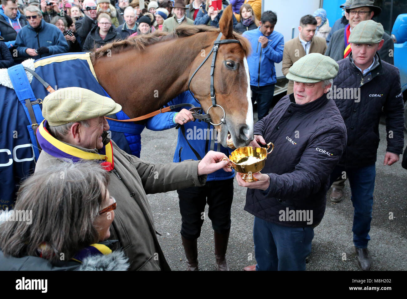 Colin Tizzard con fiume nativi e proprietari di Garth e Anne Ginestra durante una Gold Cup vincitori photocall at Virginia ceneri, Templecombe. Foto Stock