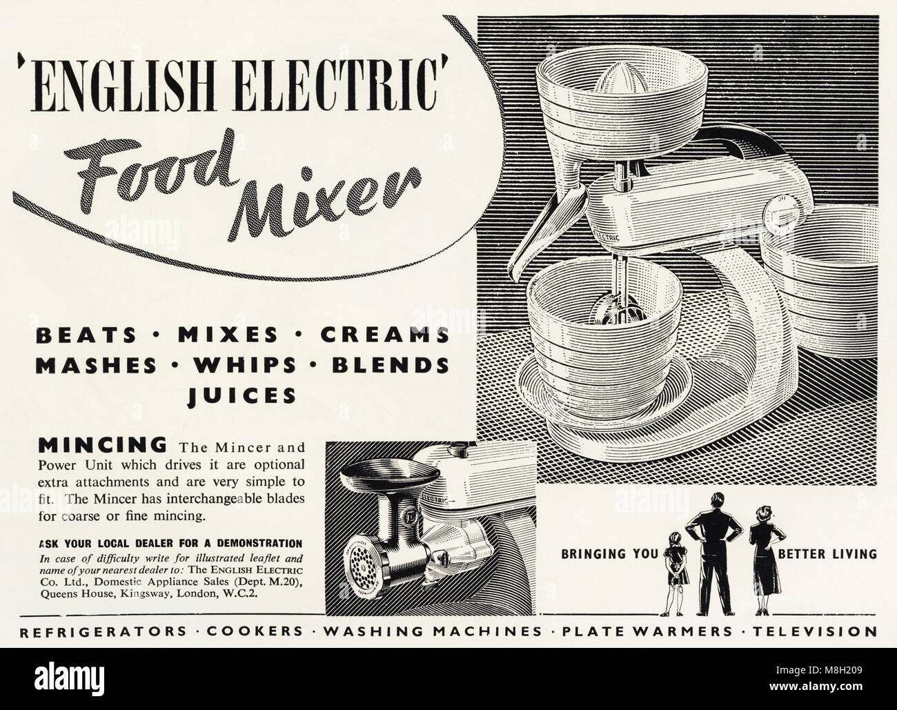 Anni Cinquanta originale vecchia vintage Pubblicità Pubblicità English Electric mescolatore di cibo nella rivista inglese del 1950 circa Foto Stock
