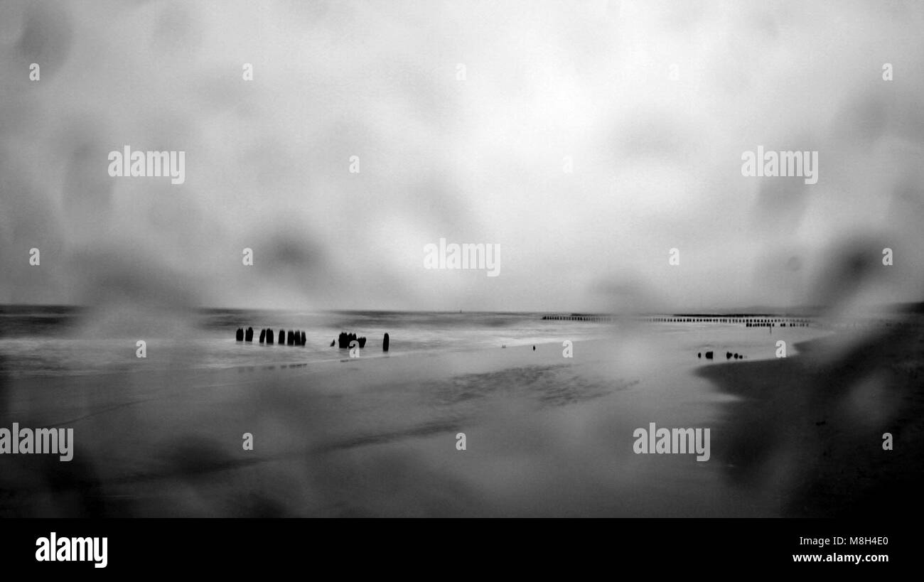 Vecchio scogliere sulla costa del mare in bianco e nero Foto Stock